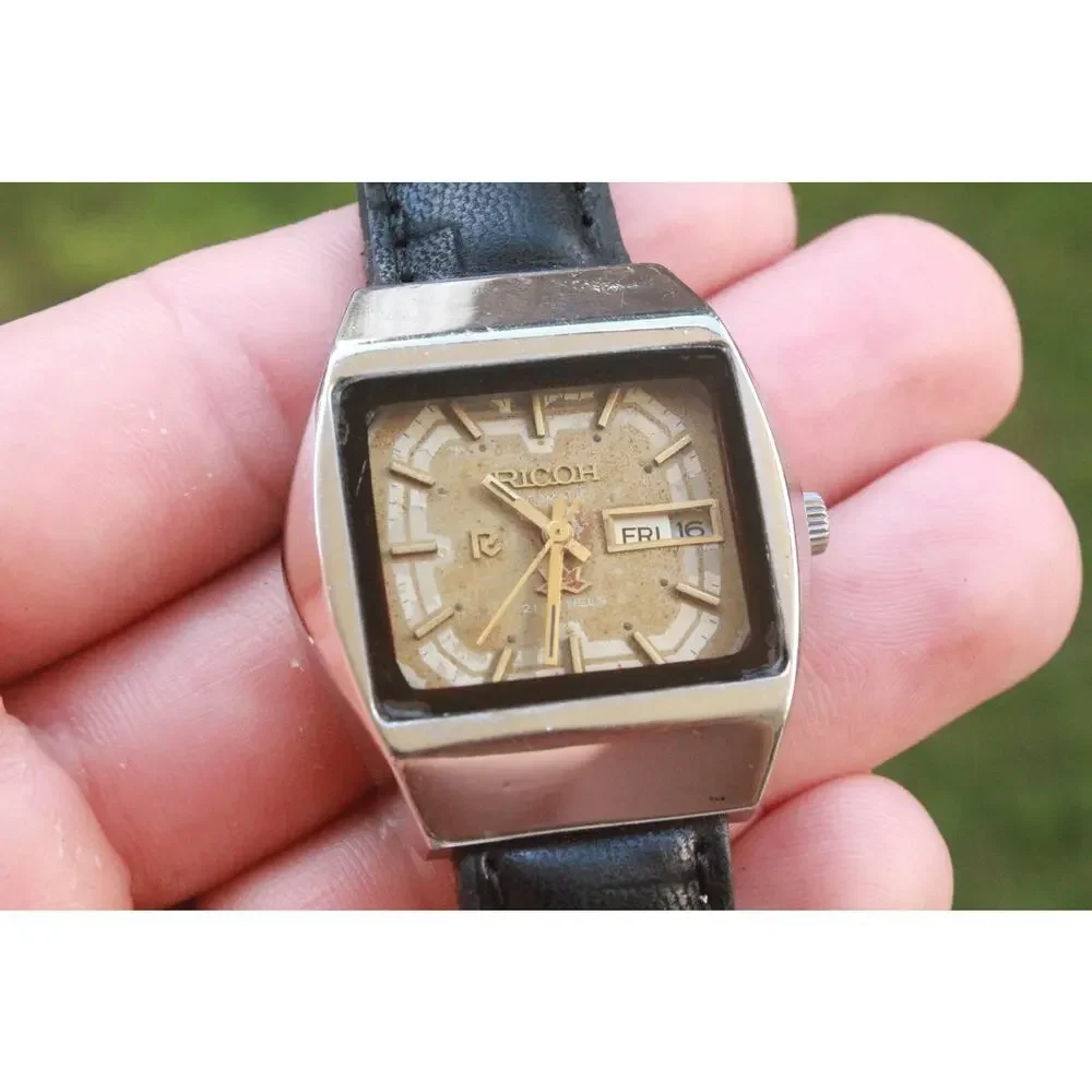 Vintage 1985 Ricoh Automatic Mens Silver Watch W/daydate & Gold accents
